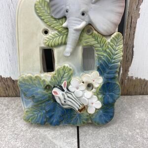 Vintage Takahashi Ceramic Double Light Switch Plate Elephant Zebra 3-D